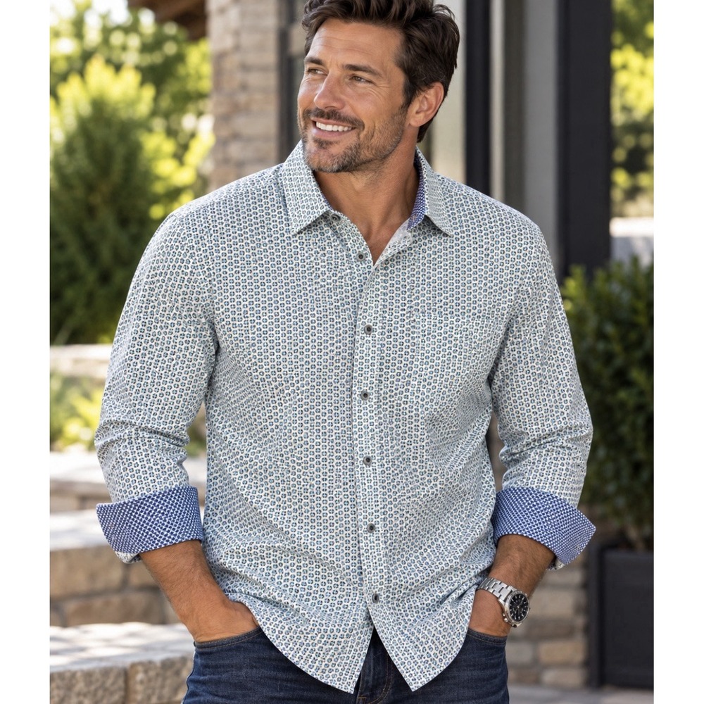 Johnston & Murphy Mens XXXL Contrast cuff Long Sleeve Button Up Shirt Aqua Blue